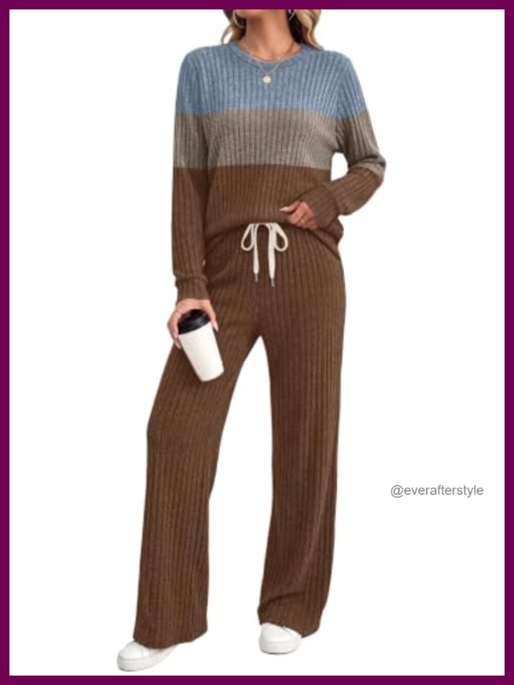 Two Piece Lounge Set Ribbed Knit Long Sleeve Crew Neck Casual Sleepwear